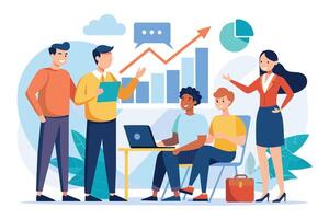 An illustration of a diverse business team having a meeting, discussing growth strategies, analyzing data charts, and using a laptop. vector
