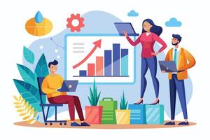 An illustration of three business professionals analyzing a growth chart during a presentation. One person points to the chart while another takes notes on a laptop. vector