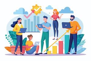 An illustration of a diverse team working together on laptops, with an upward trend graph and a checkmark symbol, representing growth and success. vector