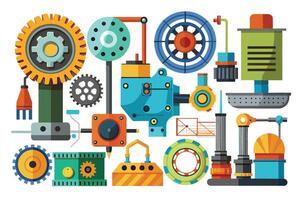 A colorful illustration showcasing various components of industrial machinery, including gears, pumps, and other mechanical parts, designed in a flat style. vector