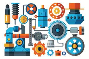 A flat illustration of various industrial machinery parts, including gears, wheels, motors, and other components. The design is colorful and playful, with a whimsical touch. vector