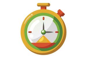 A colorful illustration of a yellow stopwatch with a green face and a red start button. The hands are pointing to the 4 oclock position. vector