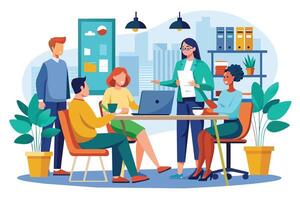 A group of diverse office colleagues gather around a table, working together on a laptop and discussing business strategy. vector
