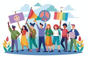 An illustration of a diverse group of people participating in a peaceful protest, holding signs with peace symbols and flags representing diversity and inclusion. vector