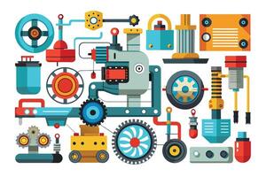 A flat design illustration of a complex machine with many interconnected parts, featuring wheels, gears, pipes, and other mechanical elements. vector