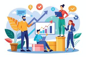 A business team of four people are gathered around a whiteboard displaying a graph of financial growth. They are discussing their progress and plans for the future. vector
