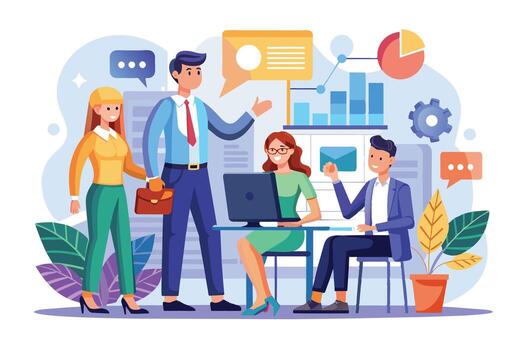 A group of business professionals work together in an office setting, analyzing data, discussing strategy, and collaborating on a project. vector