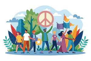 An illustration of a diverse group of people marching together in a park, holding a peace sign and flags, symbolizing unity and a call for peace. vector