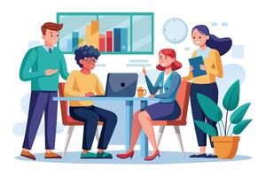 A group of four colleagues collaborate during a business meeting. They discuss ideas and review data on a laptop. vector