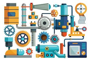 Colorful industrial machine with gears, pipes, and a control panel. Features a large central component with a gear system and control panel. vector