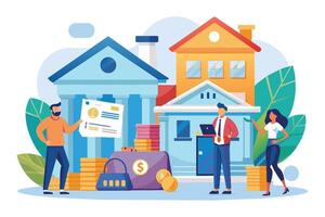 An illustration depicting people standing outside a bank and home with stacks of coins, suggesting financial prosperity and savings. vector