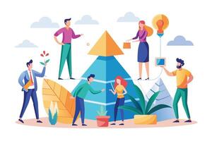A group of people are working together on a project, represented by a blue and yellow pyramid. The illustration depicts collaboration and teamwork. vector
