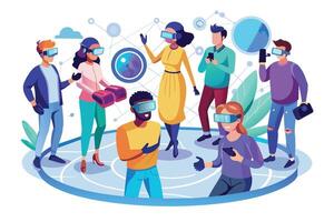 A group of people wearing virtual reality headsets interact and explore a digital world represented by geometric shapes and lines. vector