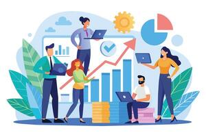 A team of diverse professionals working together on a data-driven business strategy, represented by charts, graphs, and upward-trending arrows. vector