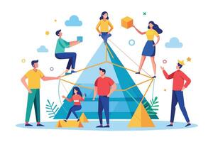 A diverse team of people work together on a complex project, represented by a pyramid structure with interconnecting ropes. vector