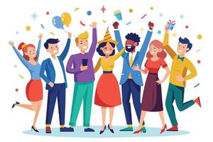 A group of diverse friends celebrates with confetti, balloons, and smiles. They are all dressed in casual attire and appear to be enjoying each others company. vector