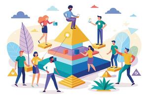 A colorful illustration of diverse people working together on a multi-layered pyramid structure. They appear to be collaborating on a project, representing teamwork and success. vector