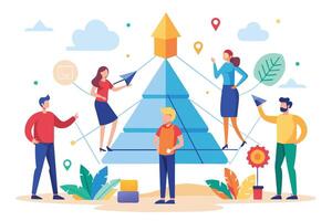 An illustration of a team working together, symbolized by a pyramid, to achieve success, represented by a yellow arrow at the top. vector