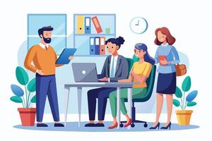A group of four office workers are collaborating on a project. One person is presenting a document, while another works on a laptop. vector