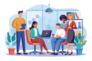 An illustration depicting a team of four diverse individuals working together in a modern office setting. vector