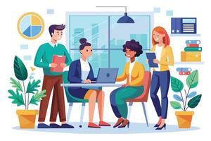 A diverse team of professionals collaborates in a modern office setting, discussing ideas and strategies. vector