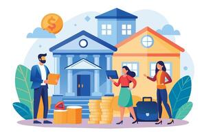 Three people stand outside a bank building, discussing financial plans and holding documents. Stacks of gold coins are piled in front of the bank, representing their financial goals. vector