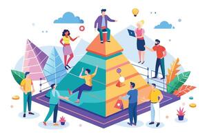 A varied group climbs a colorful pyramid, symbolizing their journey to success. Each person brings unique skills, working together to reach the top. vector