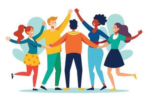A group of five diverse friends stand in a circle, arms linked, and smiling. They are all wearing casual clothing and are happy to be together. vector