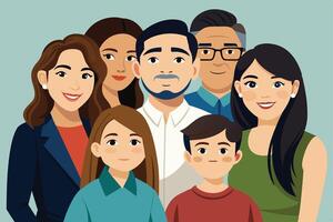A cartoon illustration depicting a happy family with a diverse range of ages and ethnicities. They are all smiling and looking directly at the viewer. vector