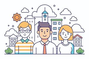 A cheerful illustration of three smiling diverse team members standing in front of an urban skyline, with a sun shining brightly in the sky. vector