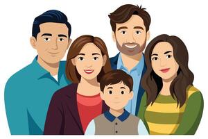 A digital illustration of a family, including a man, a woman, a boy, and a girl, smiling and looking at the camera. The family is depicted in a simple, cartoon-like style. vector