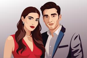 A digital illustration of a stylish couple in formal wear. The woman is wearing a red dress and the man is in a grey suit. vector