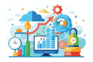 A colorful illustration depicting business growth with a computer, charts, clock, and other abstract elements. vector