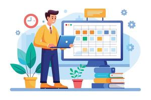 An illustration of a businessman working on his laptop while checking a digital calendar on a desktop computer. vector