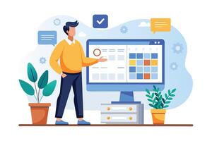 An illustration of a man standing in front of a computer monitor, presenting a data visualization and a calendar schedule. vector