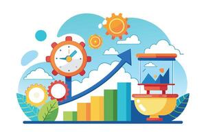 A colorful illustration showing time management and productivity growth with a clock, hourglass, and bar graph. vector