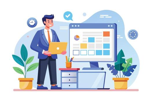 un empresario sonrisas en un oficina, demostración un datos reporte en su ordenador portátil mientras presentación exitoso proyecto resultados en un grande monitor. vector