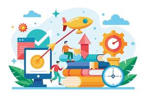 Illustration depicting business growth and success achieved through knowledge, innovation, and teamwork. vector