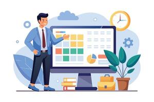 A man in a blue suit presents a project schedule on a computer screen with a colorful grid and pie chart. The desk has books, a briefcase, and a potted plant. vector
