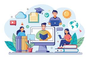 An illustration depicting online education with students using laptops and a teacher reading a book on a computer screen. vector