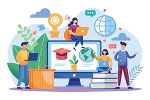 Illustration of four students using laptops and books to study. They are all sitting in front of a large computer screen with an image of a graduation cap, a plant, and a globe. vector