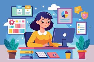 A cartoon illustration of a woman working at a desk with a computer in a modern office. There are various items on the wall, including a chart, a list, and a shield. vector