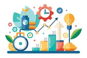 A colorful, abstract illustration depicting business growth through a combination of time management, innovation, and planning. vector