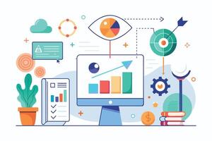 Illustration showcasing business strategy, data analysis, and visualization. It features a computer screen displaying a bar chart and an upward-trending line graph. vector