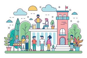 Illustration of students outside a school on a sunny day. Some talking on the rooftop, others on ground, maybe waiting for class. vector
