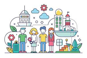 An illustration of a diverse team of four people standing in front of an urban skyline. vector