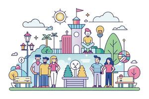 An illustration of six people standing in a park on a sunny day. The park includes trees, light posts, benches, and a building in the background. vector