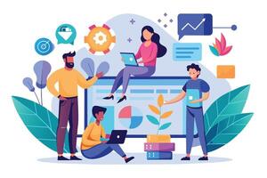 A diverse team of professionals collaborates on a digital project using data analytics and growth charts. The image depicts teamwork, progress, and technology. vector