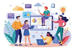 A diverse team of four people are collaborating on a digital project using laptops and cloud data. They are working together to achieve a common goal, represented by a bright lightbulb. vector