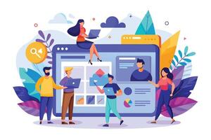 An illustration of a team of people working together on a website design and development project, with a large website mockup in the center. vector